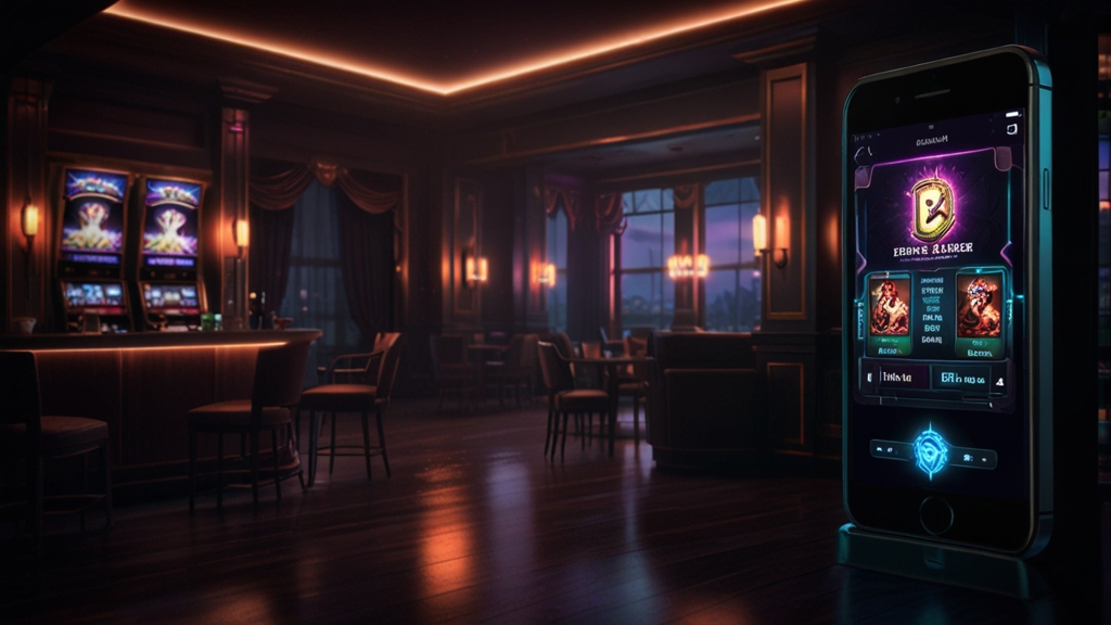 Smartphone showing a casino app download screen in a dark neon lounge
