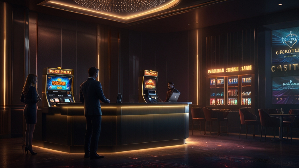 A player registering at a casino-style login desk